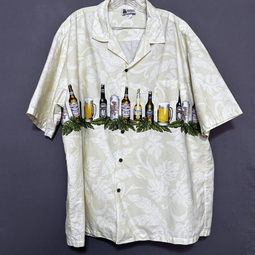 Aloha Republic Vintage Hawaiian Shirt Men’s 2XL Yellow Hawaiian Beer Shirt